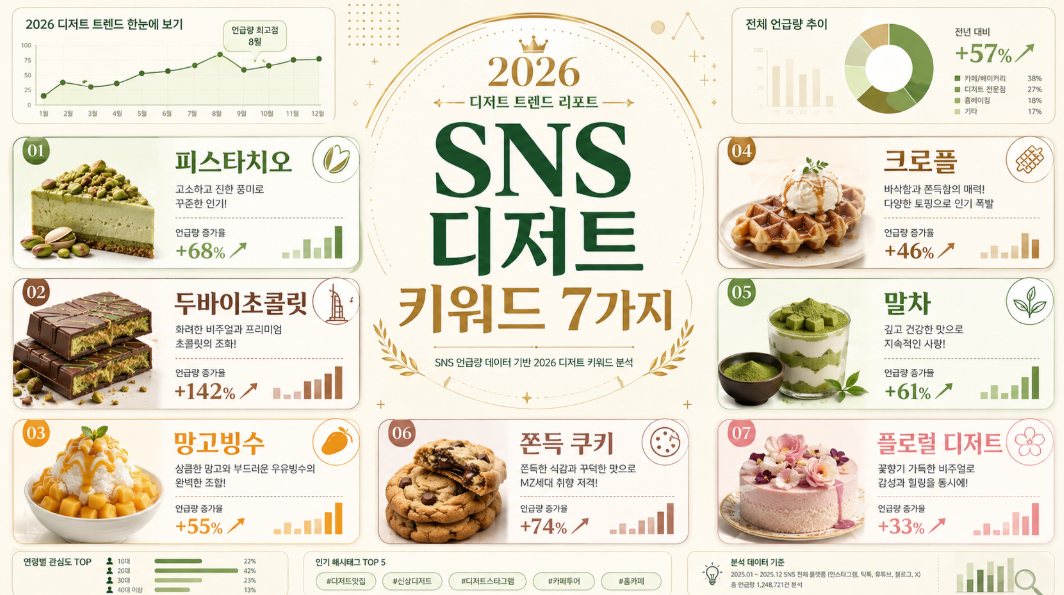 2026년 SNS에서 주목받는 디저트 키워드 7가지를 정리한 인포그래픽 이미지