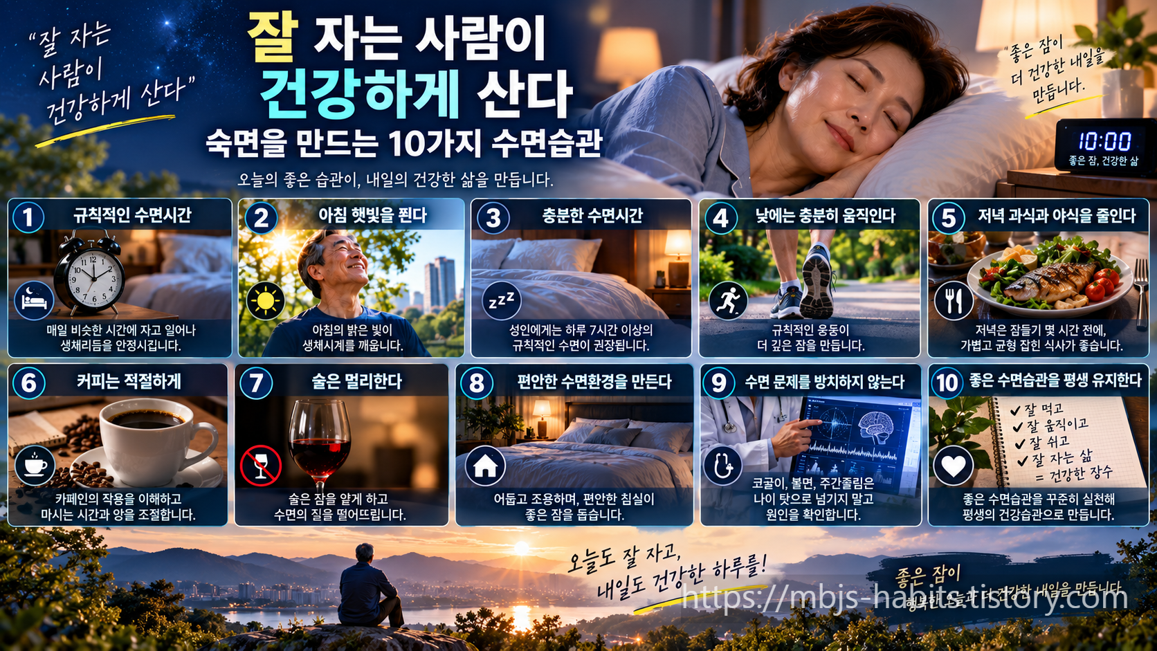 아침 햇빛과 규칙적인 기상, 충분한 수면시간, 운동, 건강한 식사, 적절한 커피 섭취, 절주와 편안한 침실 등 숙면을 만드는 10가지 수면습관을 표현한 이미지