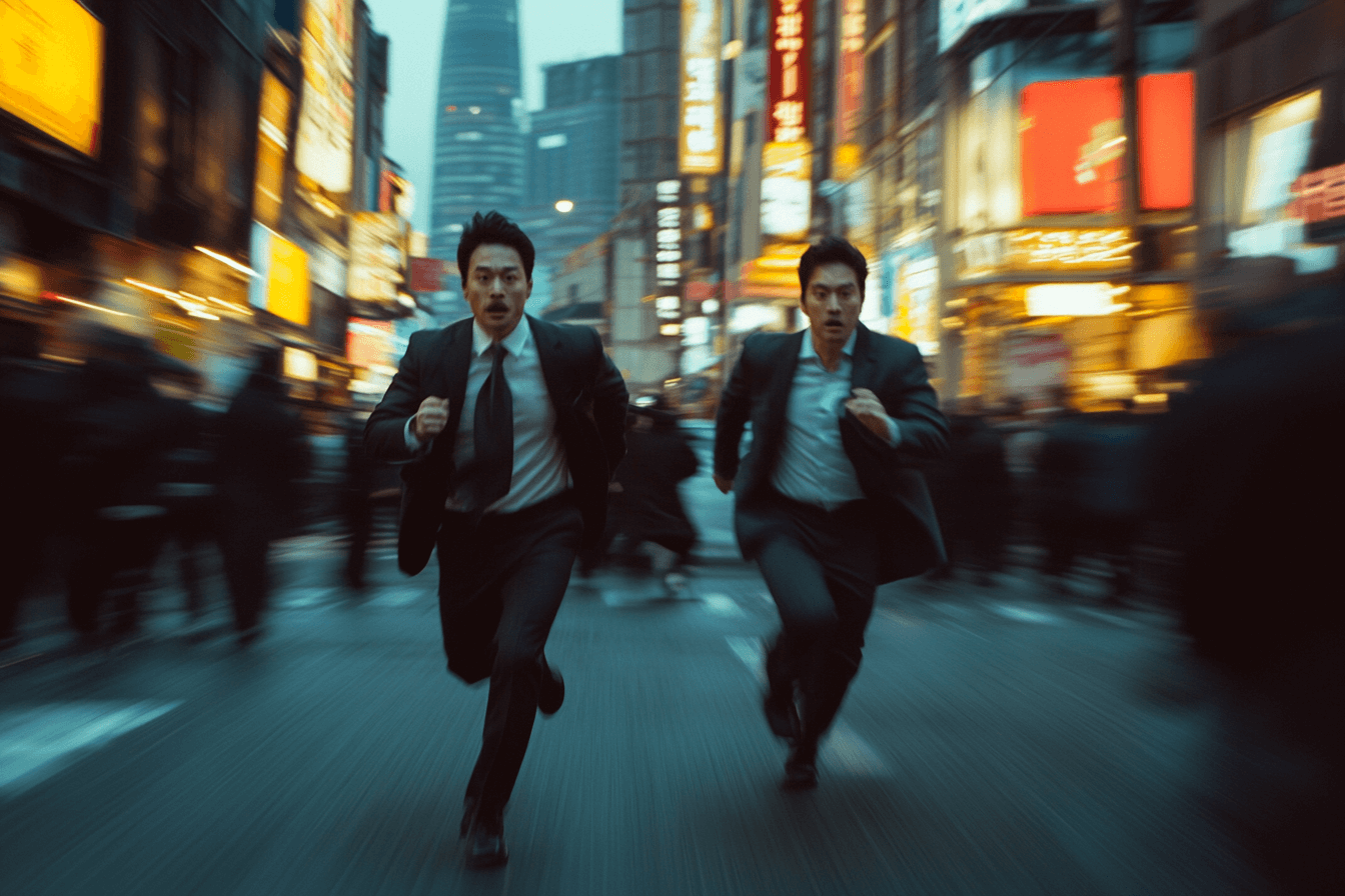 번화가-중심을-뛰고-있는-두-남성