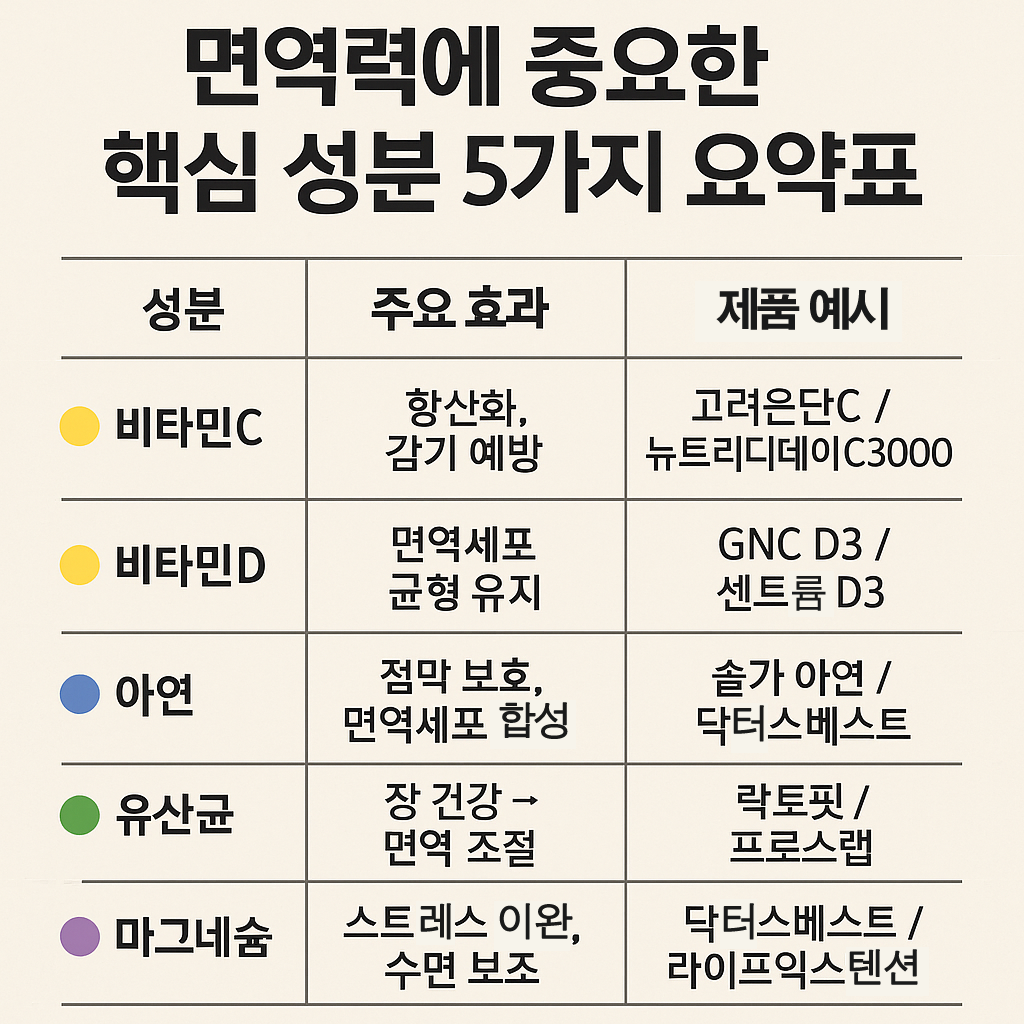 면역력에 중요한 핵심성분5 요약표