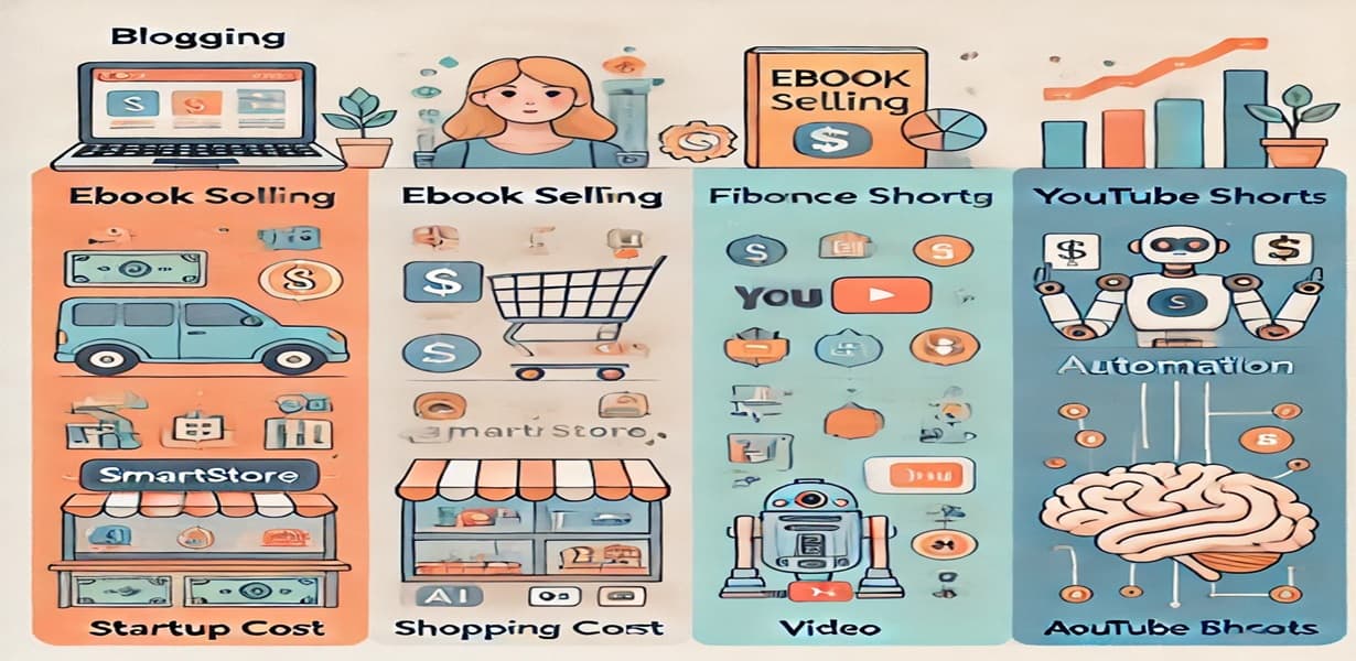 2025 부업 모델 비교 인포그래픽 – 블로그, 전자책, 크몽, 유튜브 쇼츠, AI 자동화의 초기비용, 수익화 속도, 확장성 등을 비교한 이미지