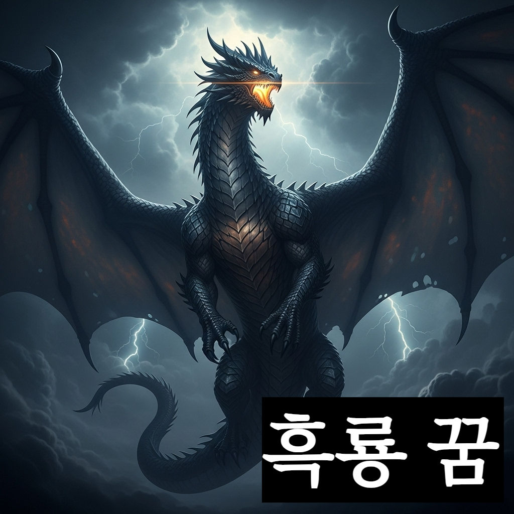 폭풍우 치는 검은 구름 사이로 금빛 눈을 빛내며 위엄 있게 승천하는 거대한 흑룡의 신비롭고 웅장한 일러스트