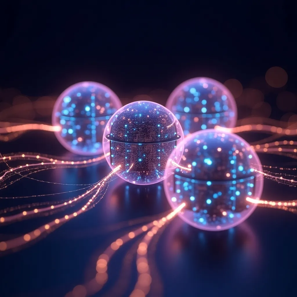 자나두 양자컴퓨팅: 자나두(Xanadu) Aurora 양자컴퓨터의 네트워크형 모듈러 구조를 표현한 시각화 이미지. (Xanadu Aurora modular quantum network, four server racks, fiber optic connections, photonic chips, distributed quantum computing, room temperature operation, network architecture)