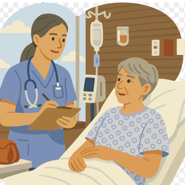 알부민 수치 관리 상담 중인 입원 노인 환자와 여성 간호사 삽화 