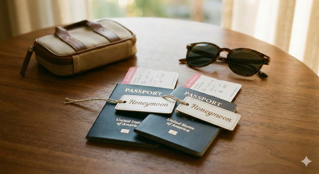 신혼여행 준비물 여권 비행기표 Honeymoon 태그 선글라스 감성 사진