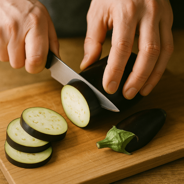 도마 위에서 썰고있는 가지 모습