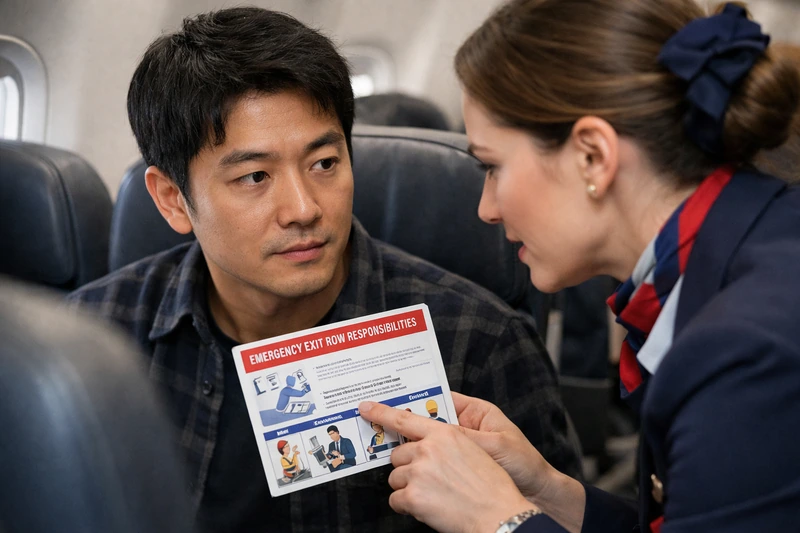 항공기 비상구 좌석에서 남성 승객이 승무원이 보여주는 안전 브리핑 카드를 집중해서 듣고 있는 모습으로, 비상구 좌석 안내와 안전 확인 장면을 담은 이미지