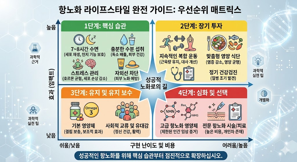 항노화 라이프스타일 완전 가이드 &mdash; Zone2 운동 수면 단식 식단 스트레스 보충제 우선순위 매트릭스 실천 로드맵