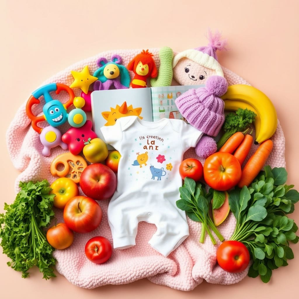 장난감, 동화책, 옷, 영양가 있는 음식 등 아이에게 필요한 물건들이나 식재료들이 함께 배치된 모습을 보여줍니다.