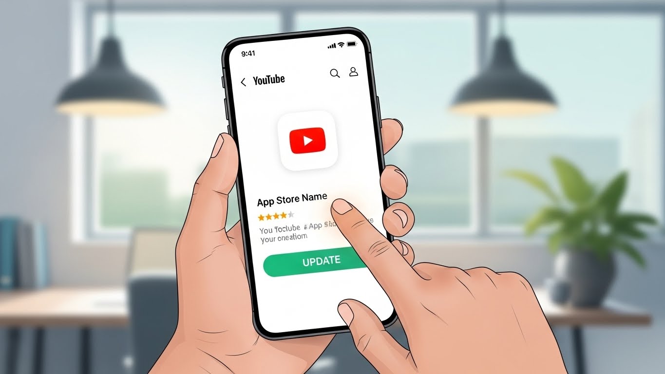 유튜브 앱 업데이트 버튼이 강조된 스마트폰 화면을 손으로 들고 있는 모습. 앱 최신화의 중요성을 나타낸다.