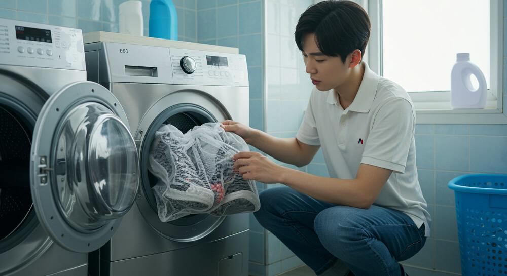 운동화 세탁을 위해 세탁망에 신발을 넣에 세탁기에 넣고 있는 모습