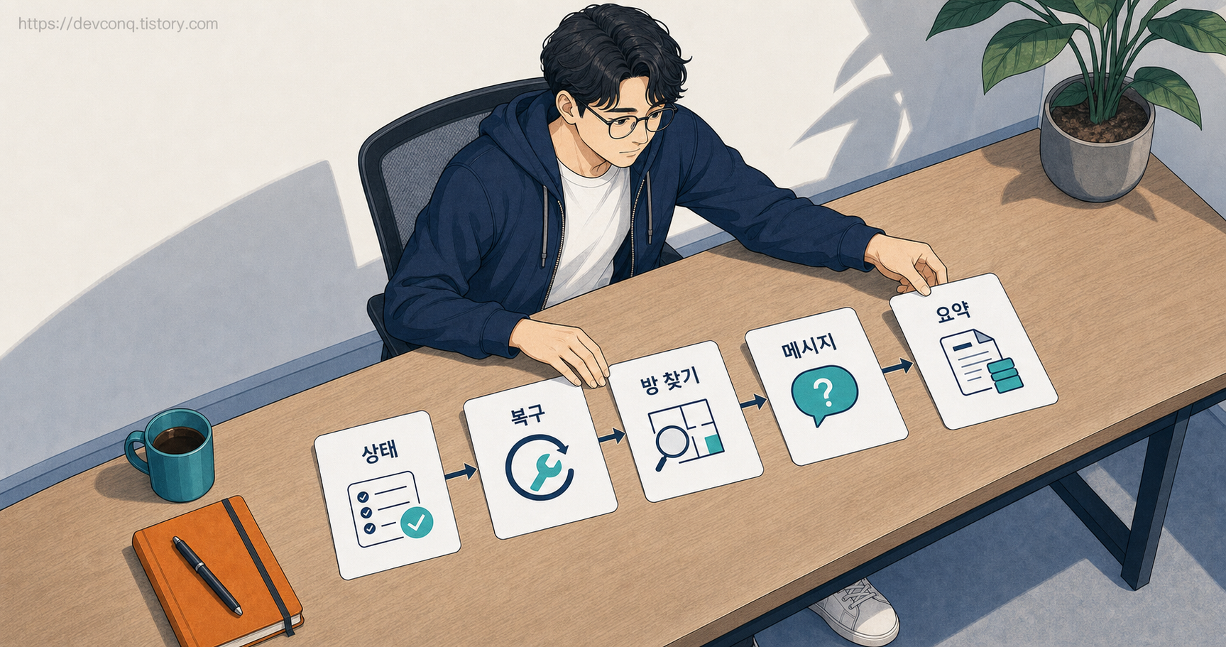 상태 확인부터 메시지 전달까지 다섯 단계 카드를 순서대로 배열하는 고정 2D 남성 개발자