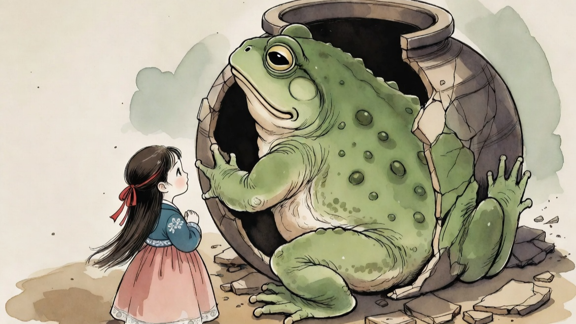 콩쥐팥쥐 이야기 중 밑 빠진 독을 막아주는 두꺼비의 모습