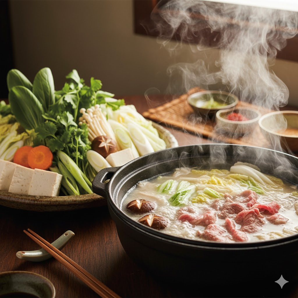 김이 모락모락 나는 샤브샤브 냄비와 수북한 채소 접시 사진