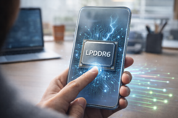 온디바이스 AI 구동을 위한 LPDDR6 칩이 장착된 스마트폰 내부 구조의 시각화.