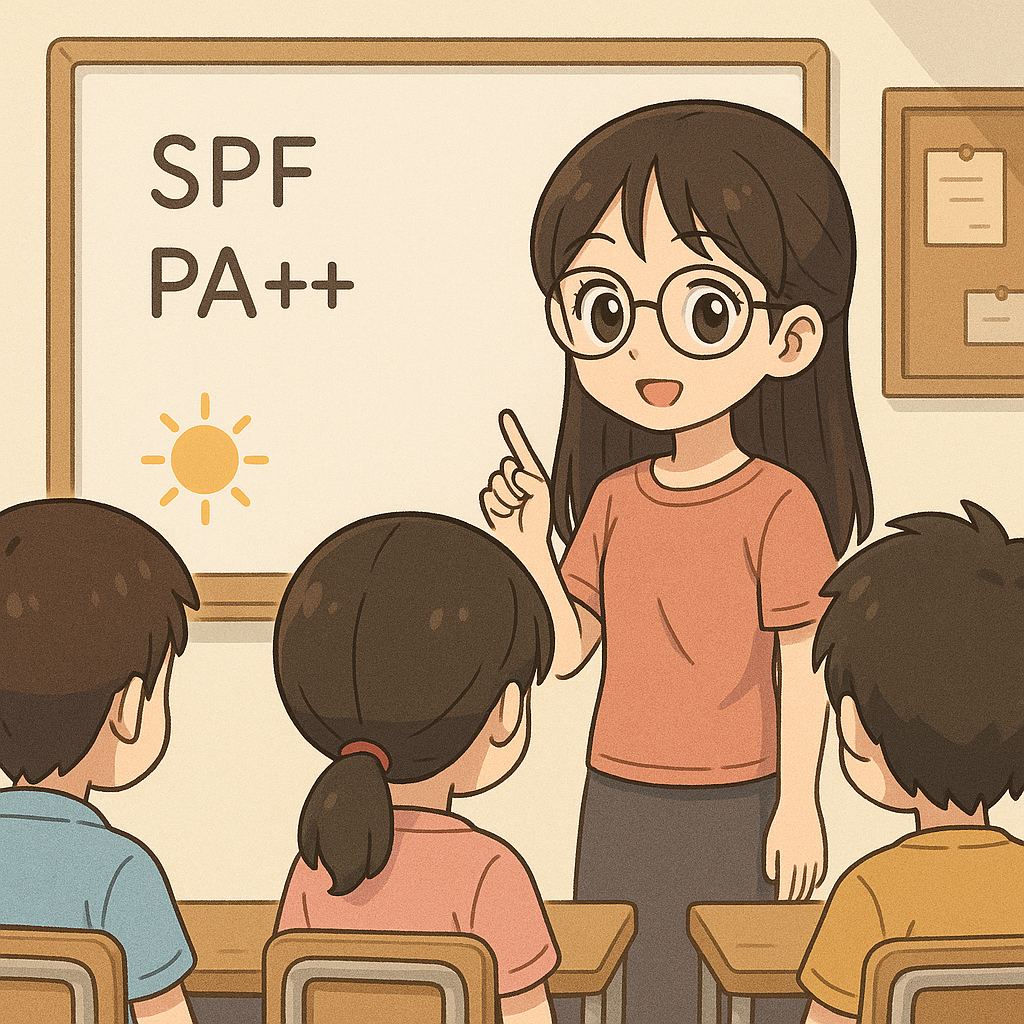 애니메이션 스타일로 그린 교실에서 안경을 선생님이 화이트보드에 &lsquo;SPF&rsquo;와 &lsquo;PA++&rsquo;를 가리키며 학생들에게 자외선 차단에 대한 수업을 하는 모습