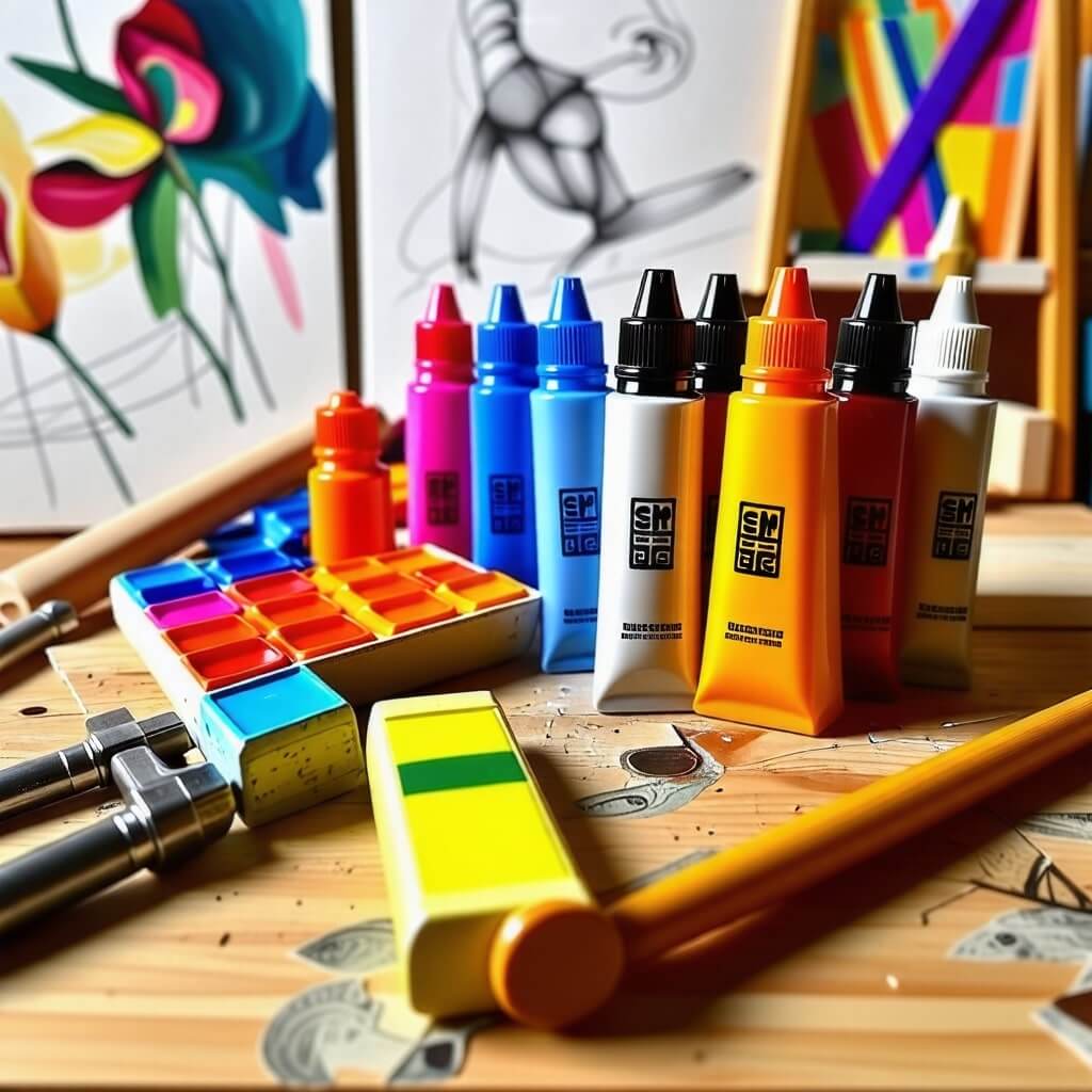 물감이 정돈되지 않고 널부러진 상태