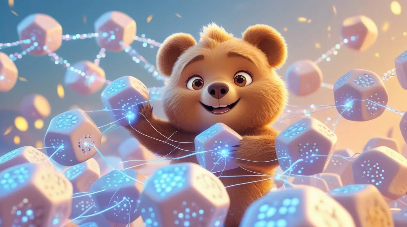 귀여운 곰 캐릭터가 밝은 표정으로 블록체인 네트워크 큐브들을 연결하는 3D 픽사풍 대표 이미지. 이 이미지는 베라체인의 유동성 증명(Proof of Liquidity)과 친근한 브랜딩을 시각적으로 전달하며, 블로그의 베라체인(Berachain)과 BERA 코인 분석 주제와 관련된 내용을 설명함. (Berachain, BERA coin, Proof of Liquidity, blockchain network).