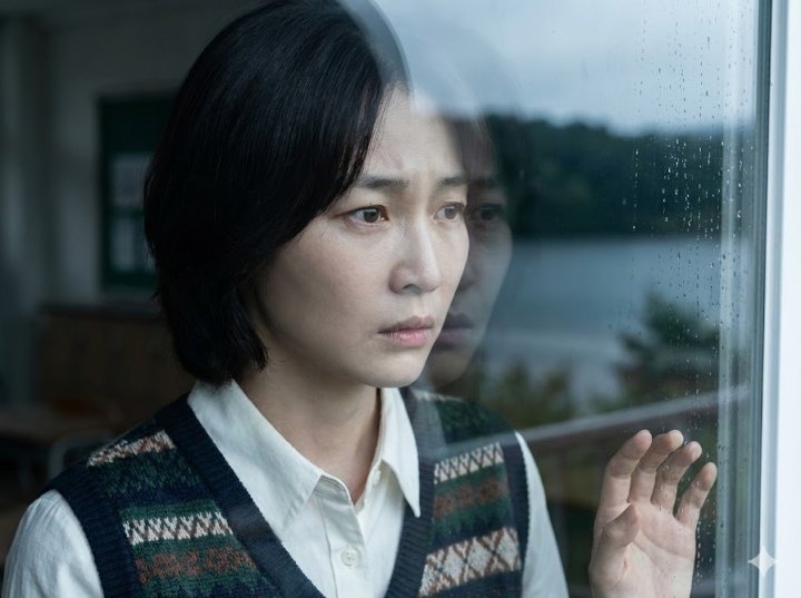 불안한 눈빛으로 교실 창밖, 멀리 보이는 호수를 응시하는 박유림 배우의 클로즈업