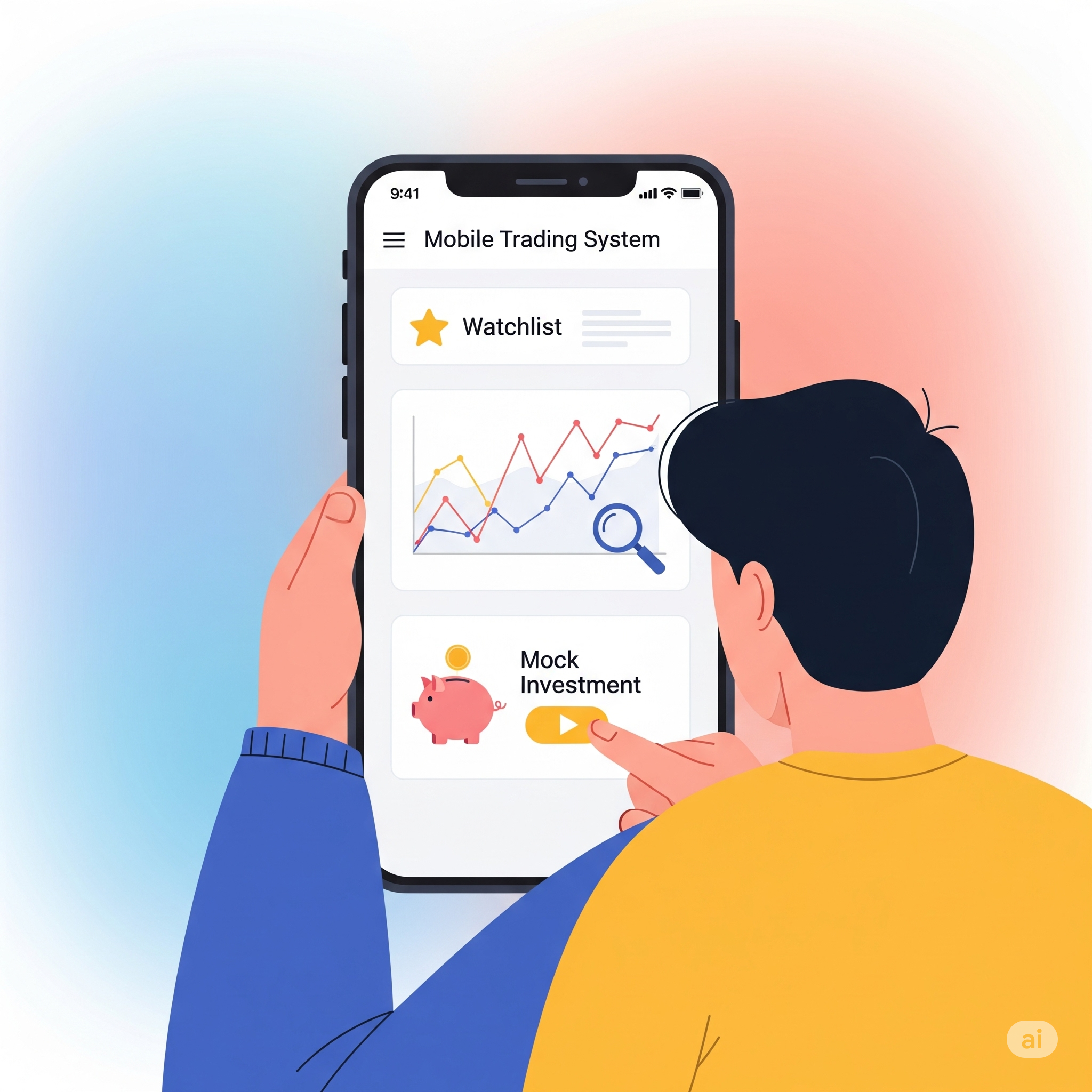 스마트폰 증권사 MTS 앱의 주요 기능 아이콘들 (관심종목, 차트, 기업정보, 모의투자)