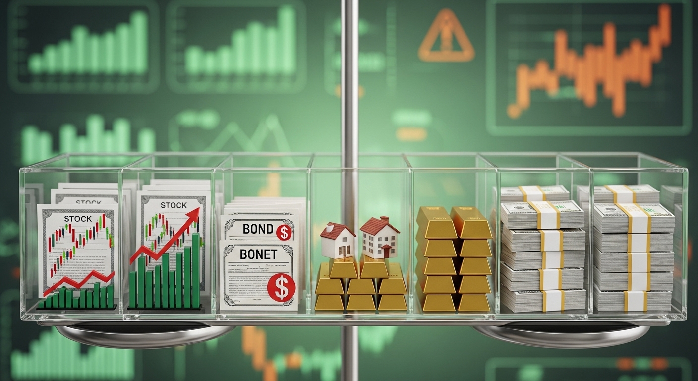 주식, 채권, 현금 등 다양한 자산에 분산 투자하여 포트폴리오를 구성하는 모습.