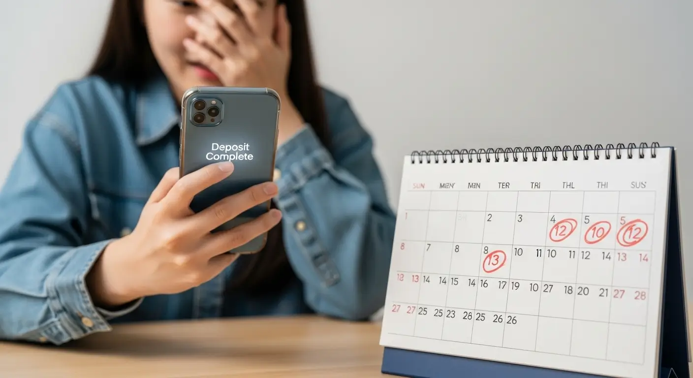 비대면 당일 대출 입금 완료에 안도하지만, 앞으로 남은 고금리 상환 부담(달력)을 암시하는 이미지