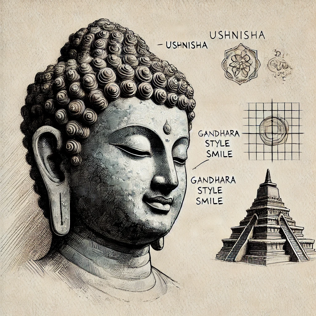 곱슬머리와 육계 우슈니샤, 그리고 헬레니즘적 미소가 조화