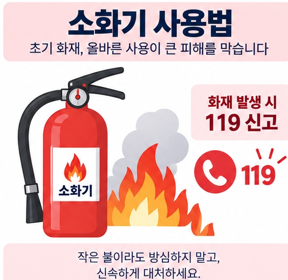 소화기와 불꽃 아이콘 위에 소화기 사용법 문구가 표시된 대표 이미지