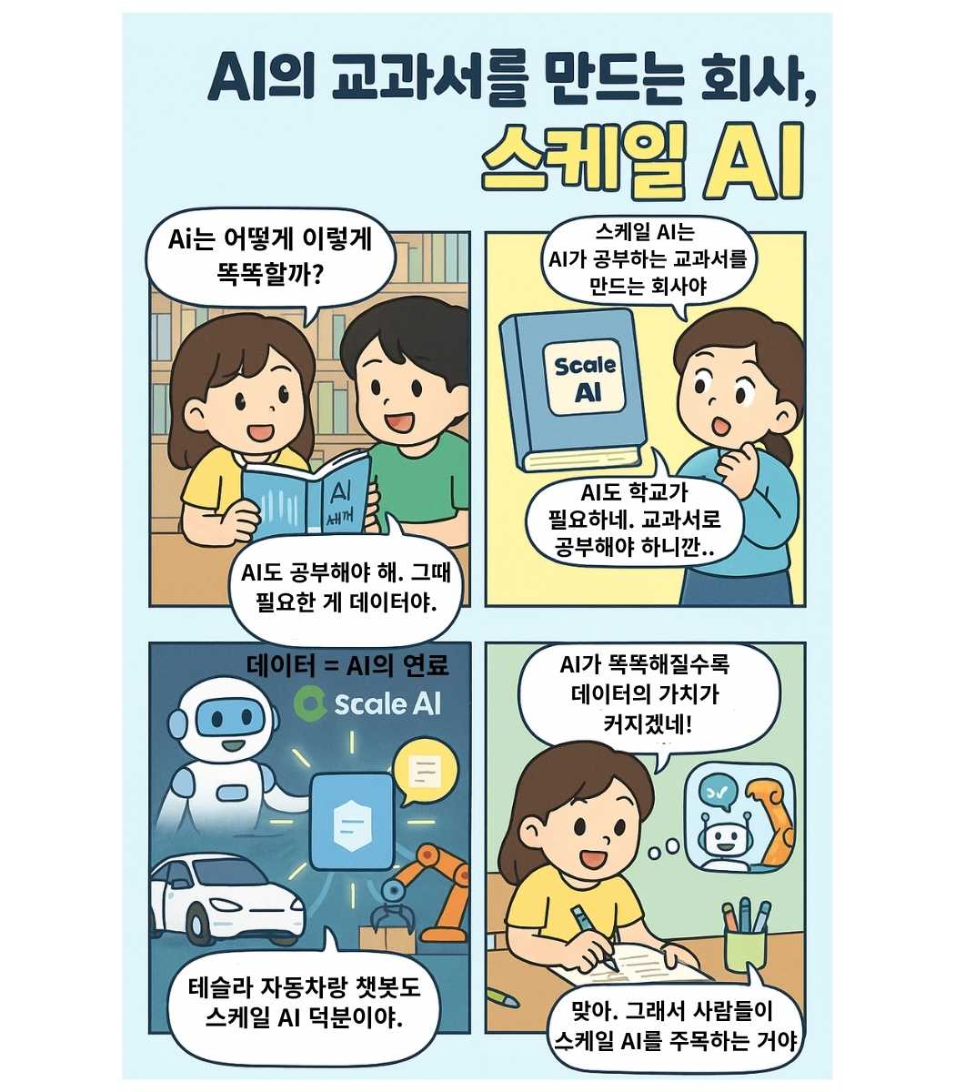 초등학생이 AI가 공부하려면 데이터가 필요하다는 걸 배우고, 스케일 AI가 AI의 교과서를 만드는 회사임을 이해하며 자율주행과 챗봇, 로봇이 데이터로 성장하는 모습을 보여주는 4컷 경제 교육 만화