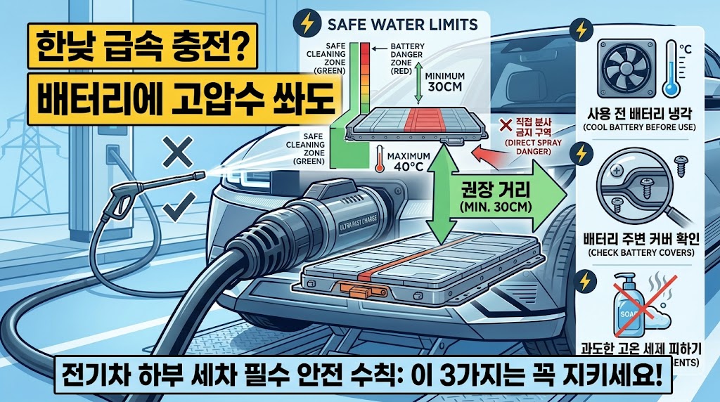 전기차 하부 세차해도 괜찮을까? 전기차 배터리 고압 세척 시 꼭 알아야 할 안전 수칙(배터리에 고압수 쏴도 안전할까?), 썸네일