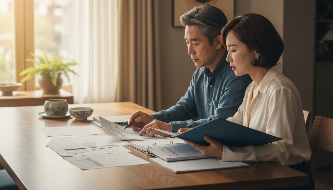 식탁에 앉아 재무 서류를 함께 들여다보는 50대 한국인 부부의 자연스러운 에디토리얼 사진, 측면 각도, 자연스러운 창문 채광, 진지하고 집중하는 분위기.