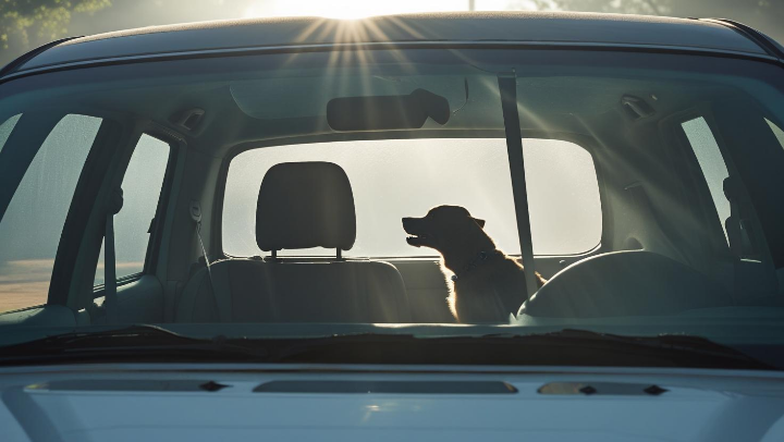 차량 내부에 방치된 반려동물의 위험성을 경고하는 장면