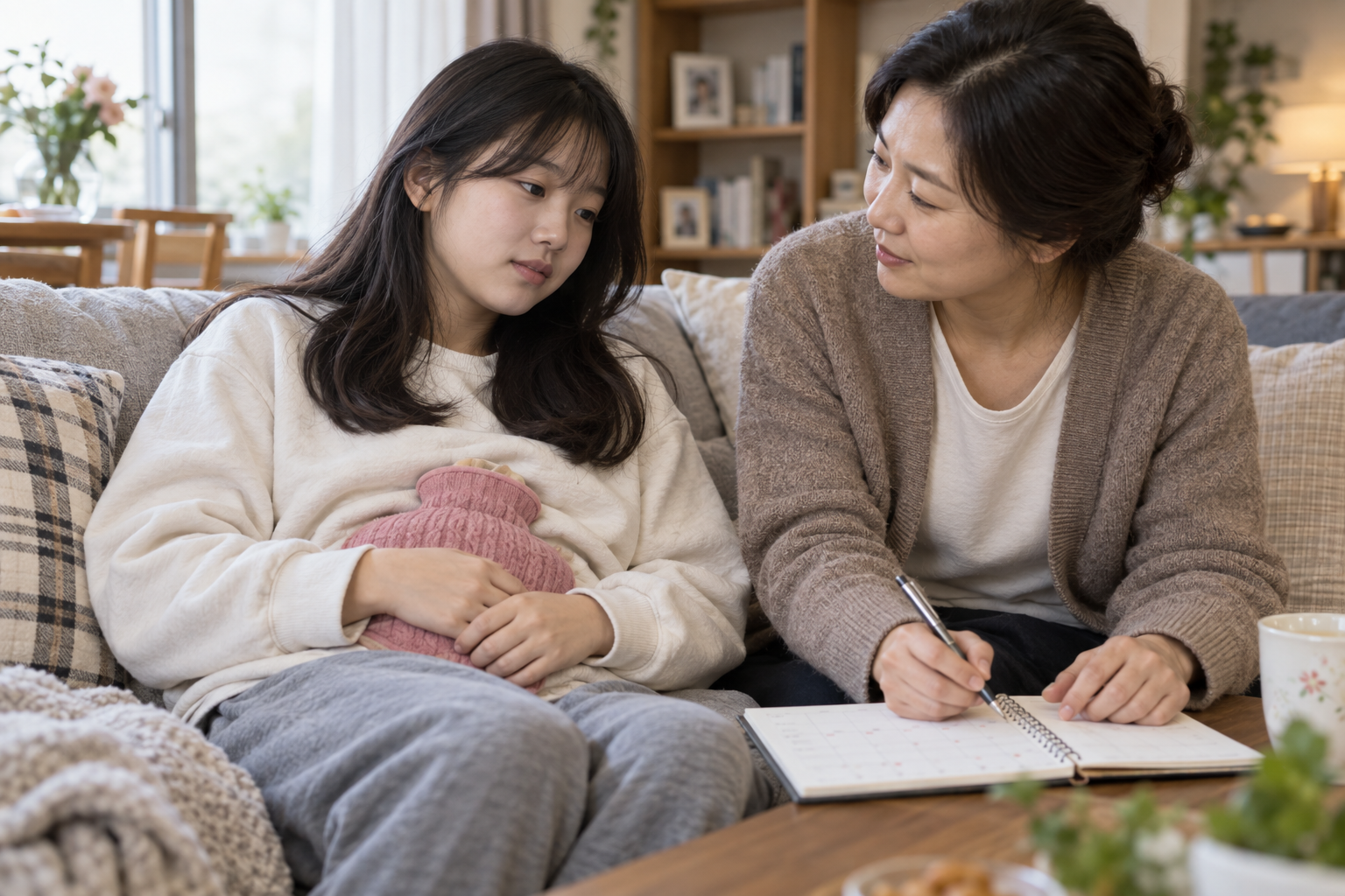 생리통으로 힘들어하는 청소년과 차분히 대화하는 부모의 실제 생활 장면