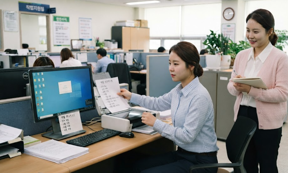 업무 수행 정도를 체크하고 있는 모습