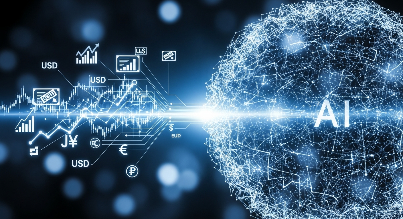복잡한 금융 데이터가 AI 네트워크를 통해 빠르게 분석되고 연결되는 추상적인 모습으로, AI 기반의 능동적인 투자 전략을 표현합니다.