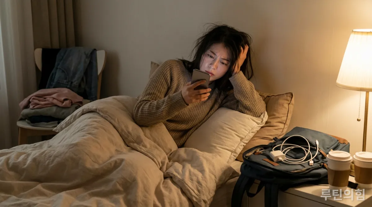 피곤한 표정으로 스마트폰을 보는 한국 여성의 모습, 미라클 모닝의 압박감을 상징.