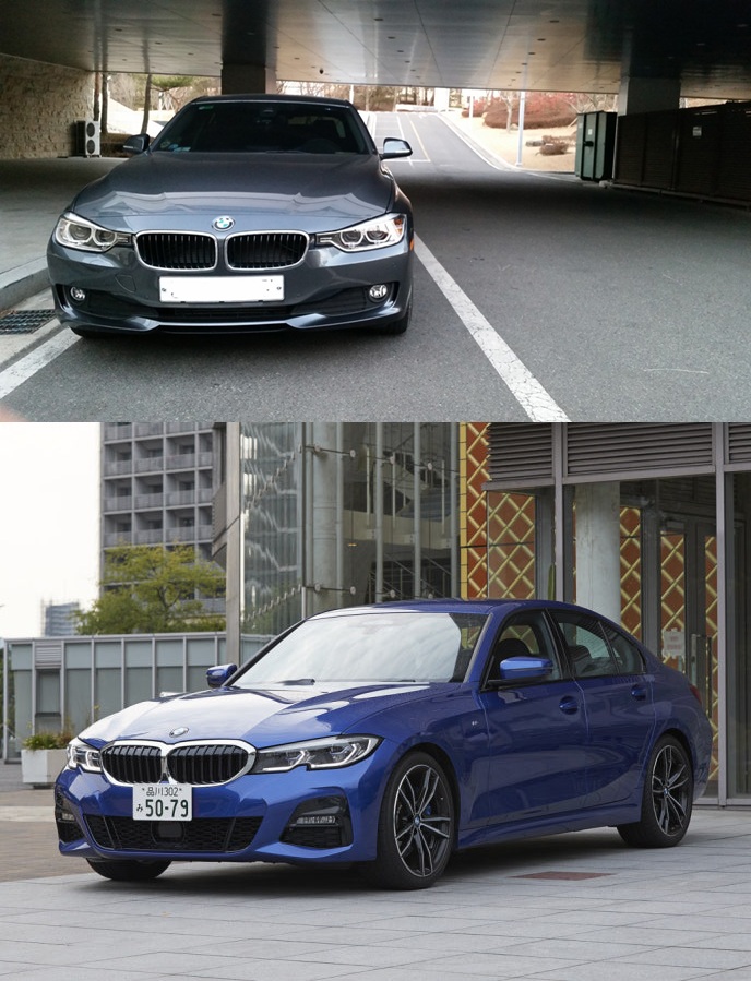 필자가 직접 운행했던 6세대 BMW 3시리즈와 7세대 차량의 비교샷