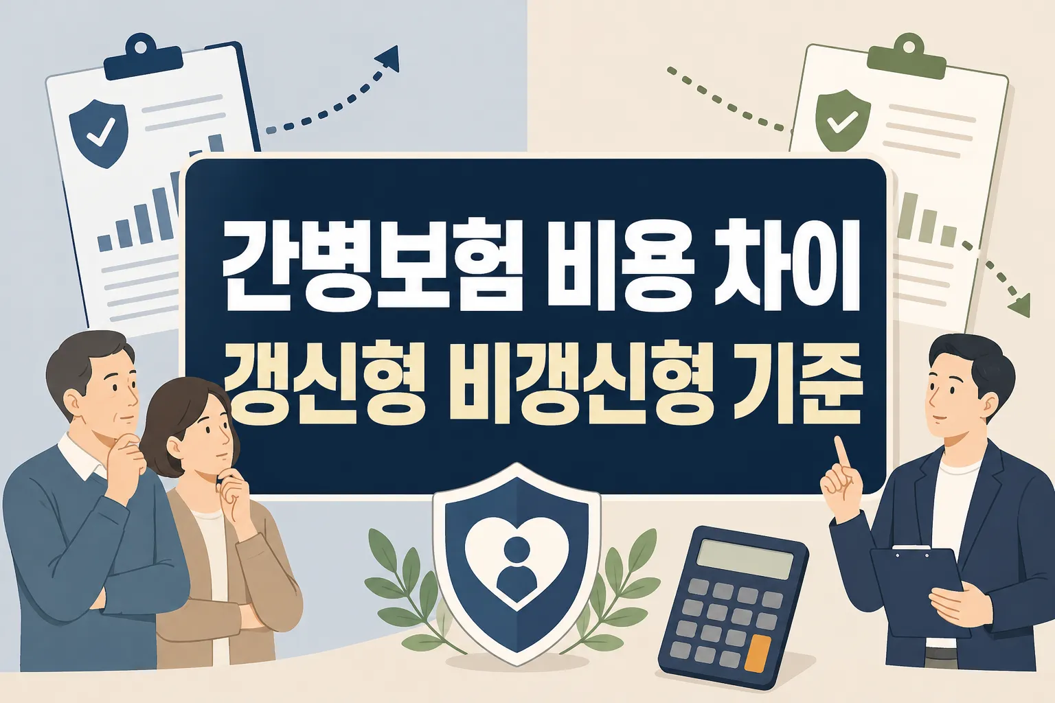 간병보험 갱신형 비갱신형 비용 차이를 비교할 때 처음 보험료만 볼 것이 아니라 상담 장면처럼 보장 구조와 유지 부담까지 함께 봐야 한다는 점을 보여주는 썸네일 이미지