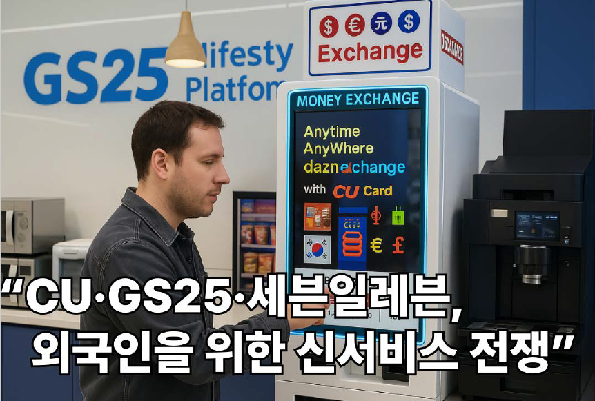 외국인 관광객이 한국 편의점의 환전 키오스크를 이용하는 모습의 이미지