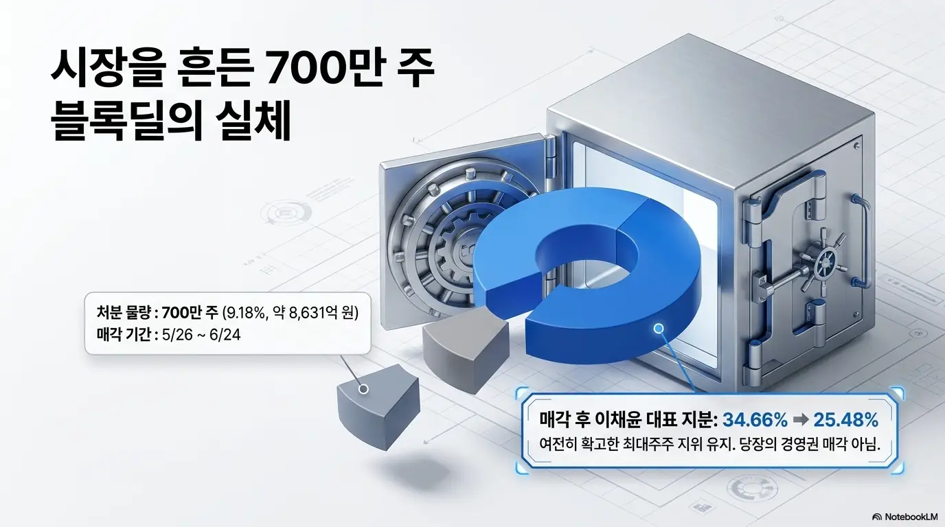 리노공업 주가 전망: 리노공업 주가를 흔든 700만 주 블록딜의 실체를 금고와 원형 그래프로 표현한 인포그래픽. 9.18%에 해당하는 약 8&amp;#44;631억원 규모의 처분 물량과 5월 26일부터 6월 24일까지의 매각 기간&amp;#44; 매각 후에도 34.66%에서 25.48%로 최대주주 지위를 유지하는 점을 보여주며&amp;#44; 블로그의 리노공업 주가 전망 주제와 관련된 블록딜 이슈를 설명함