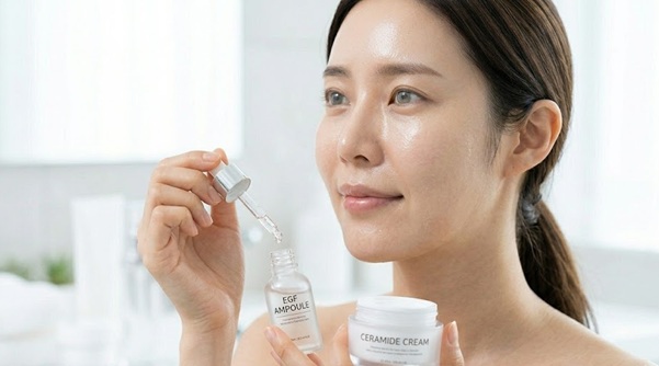 레이저 시술 후 피부 회복 케어를 보여주는 동양 여성의 클로즈업 사진. 깨끗한 스킨케어 밴니티에서 오른손에는 'EGF 앰플' 병을, 왼손에는 '세라마이드 크림' 통을 들고 EGF 앰플을 한 방울 떨어뜨리며 맑고 낙관적인 표정을 짓고 있는 모습.