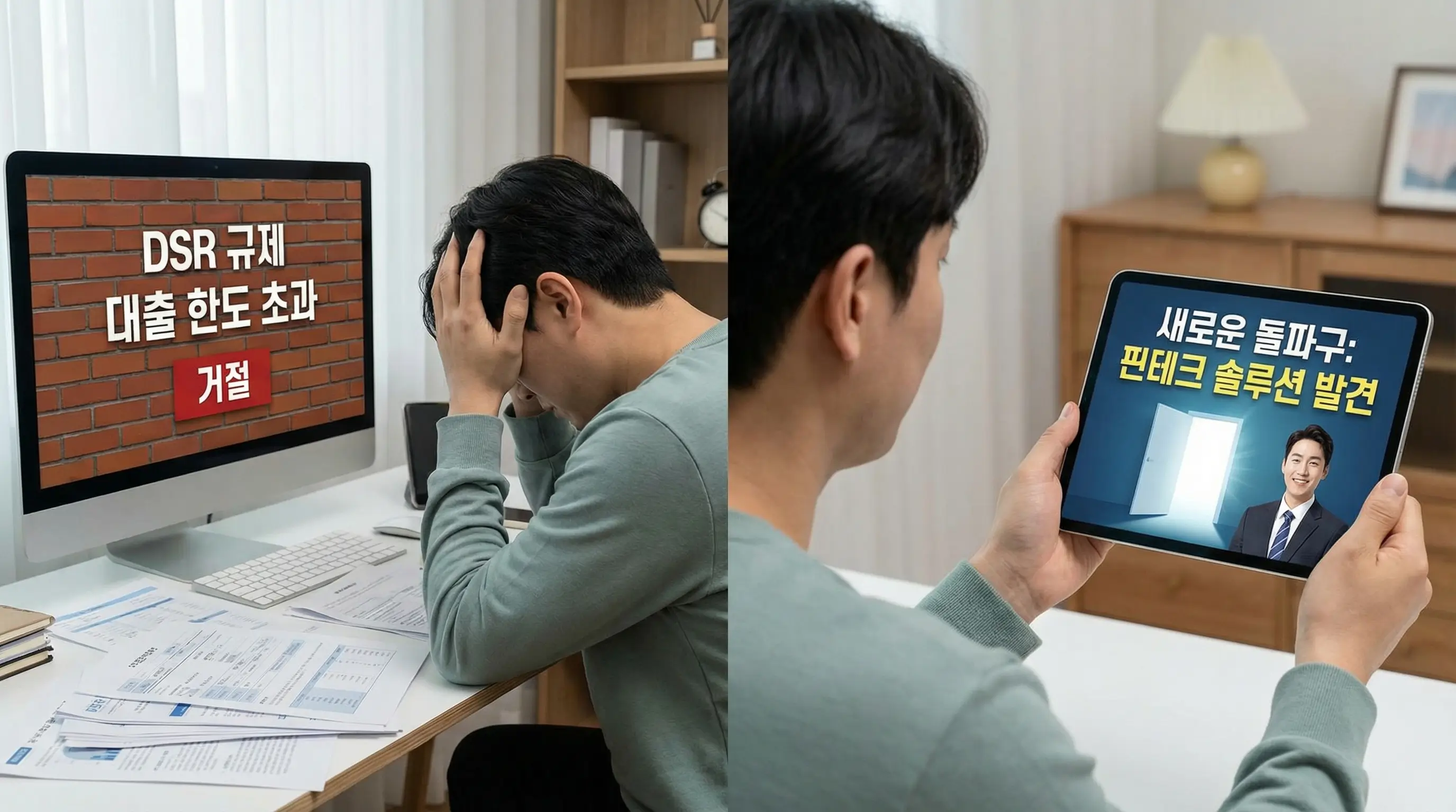 DSR 규제로 인해 막힌 대출 한도 벽 앞에서 좌절하다가 새로운 돌파구를 찾는 금융 소비자의 모습