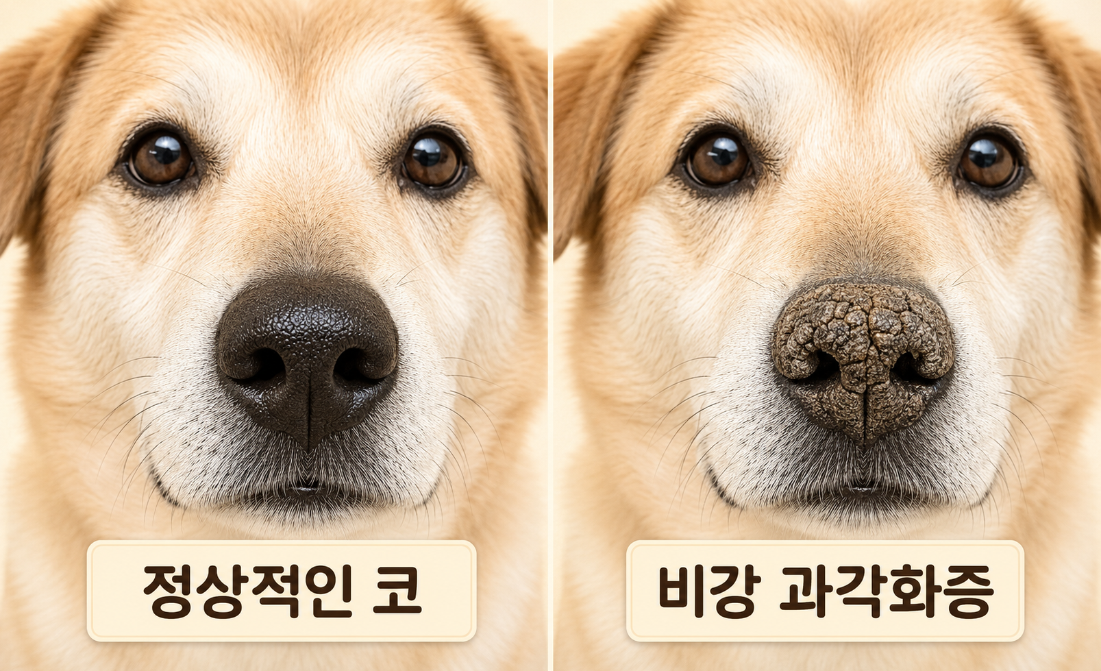 정상 강아지 코와 비강 과각화증으로 두꺼워진 코를 비교한 이미지