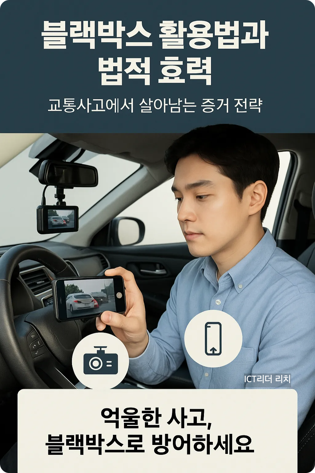 20대 남성이 차량 블랙박스의 사고 영상을 스마트폰으로 백업하는 장면을 묘사한 전문가 스타일 고퀄리티 인포그래픽 이미지.
