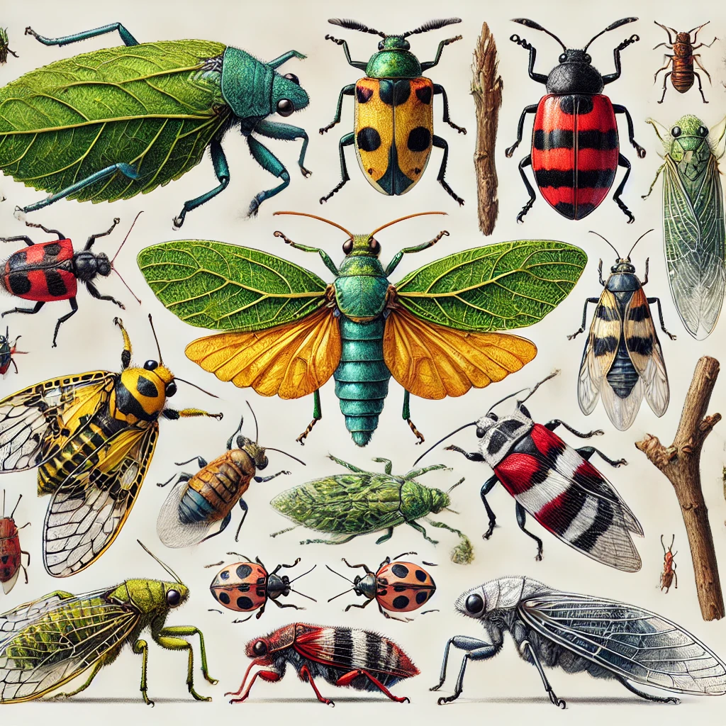 “잎을 가해하는 곤충들의 일러스트. 대벌레, 잎벌레, 무당벌레, 방패벌레, 매미충, 선녀벌레, 매미, 나무이, 진딧물, 응애, 벼룩바구미 등이 자연 속에서 잎을 갉아먹는 모습으로 표현됨.”