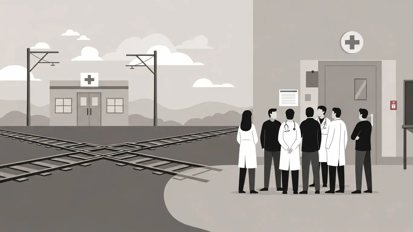 An illustration connecting the trolley problem with medical ethics, showing healthcare decision-making under limited