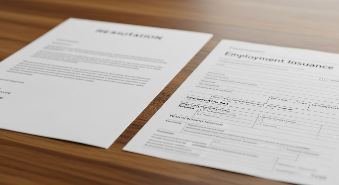 책상 위에 놓인 사직서와 고용보험 신청서