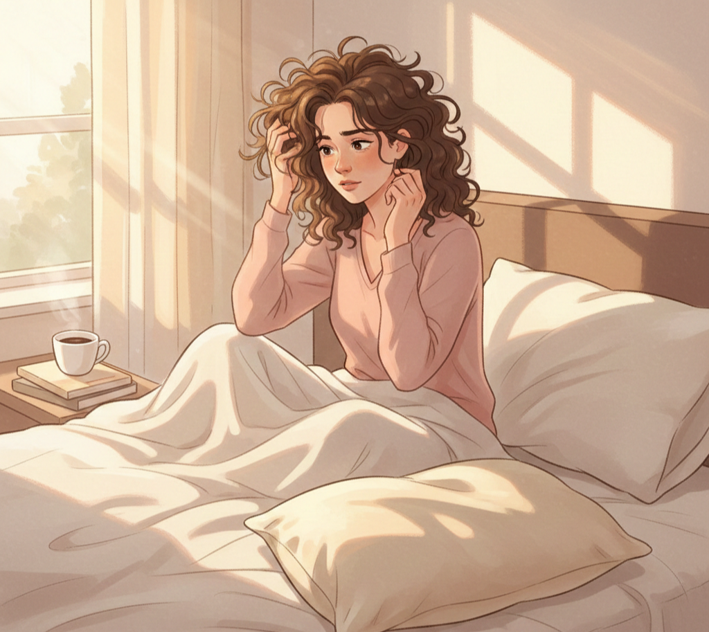 포근한 침대 위에서 부스스한 머리를 만지며 고민하는 여성이 옆에 놓인 실크 베개를 바라보는 따뜻한 분위기의 일러스트