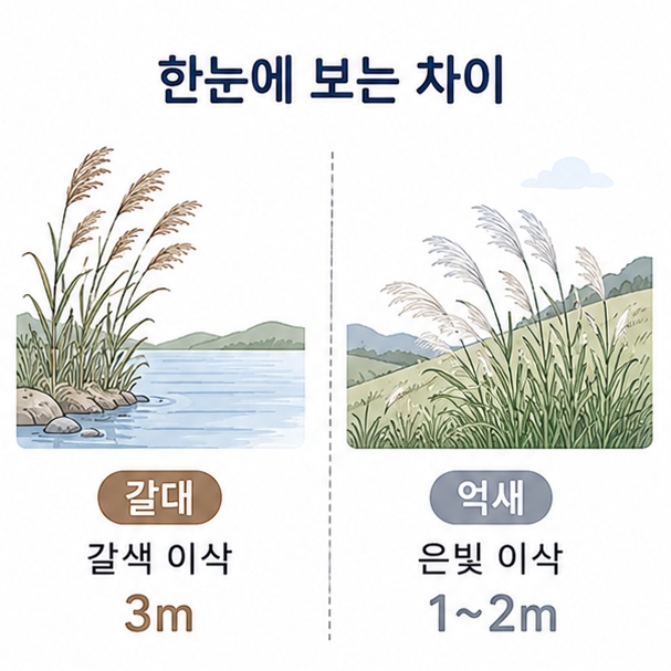 갈대와 억새 비교도, 물가에 선 3m 갈대와 언덕에 선 1~2m 억새를 좌우로 나눠 그린 그림