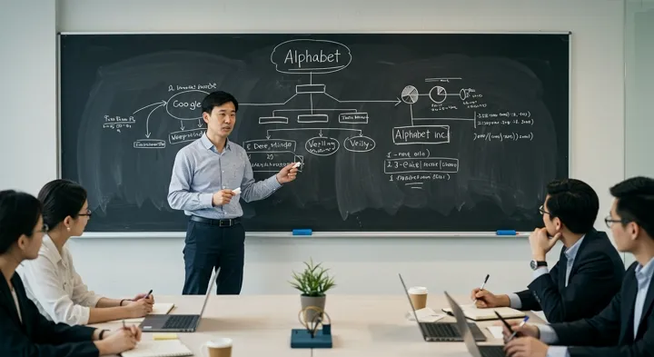 지주회사 구조를 칠판에 설명하는 강연 장면